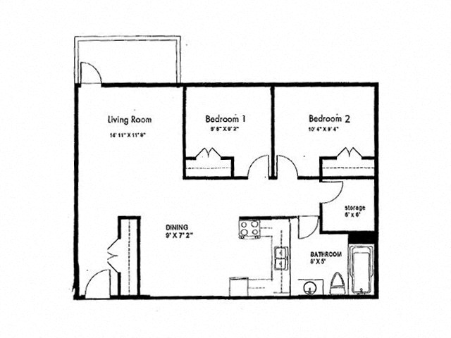 Floor plan for 2 beds, 1 bath, 819 sqft